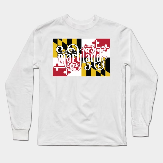 Maryland Flag Script Long Sleeve T-Shirt by polliadesign